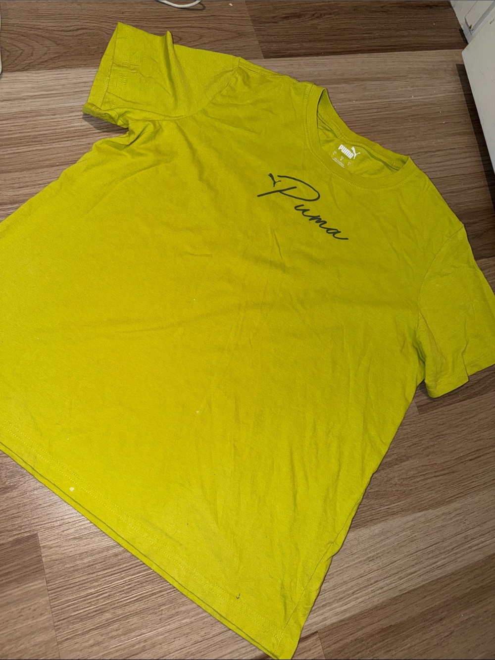 Puma Men’s Short Sleeve Tee in Bright Yellow-Green with Script Logo